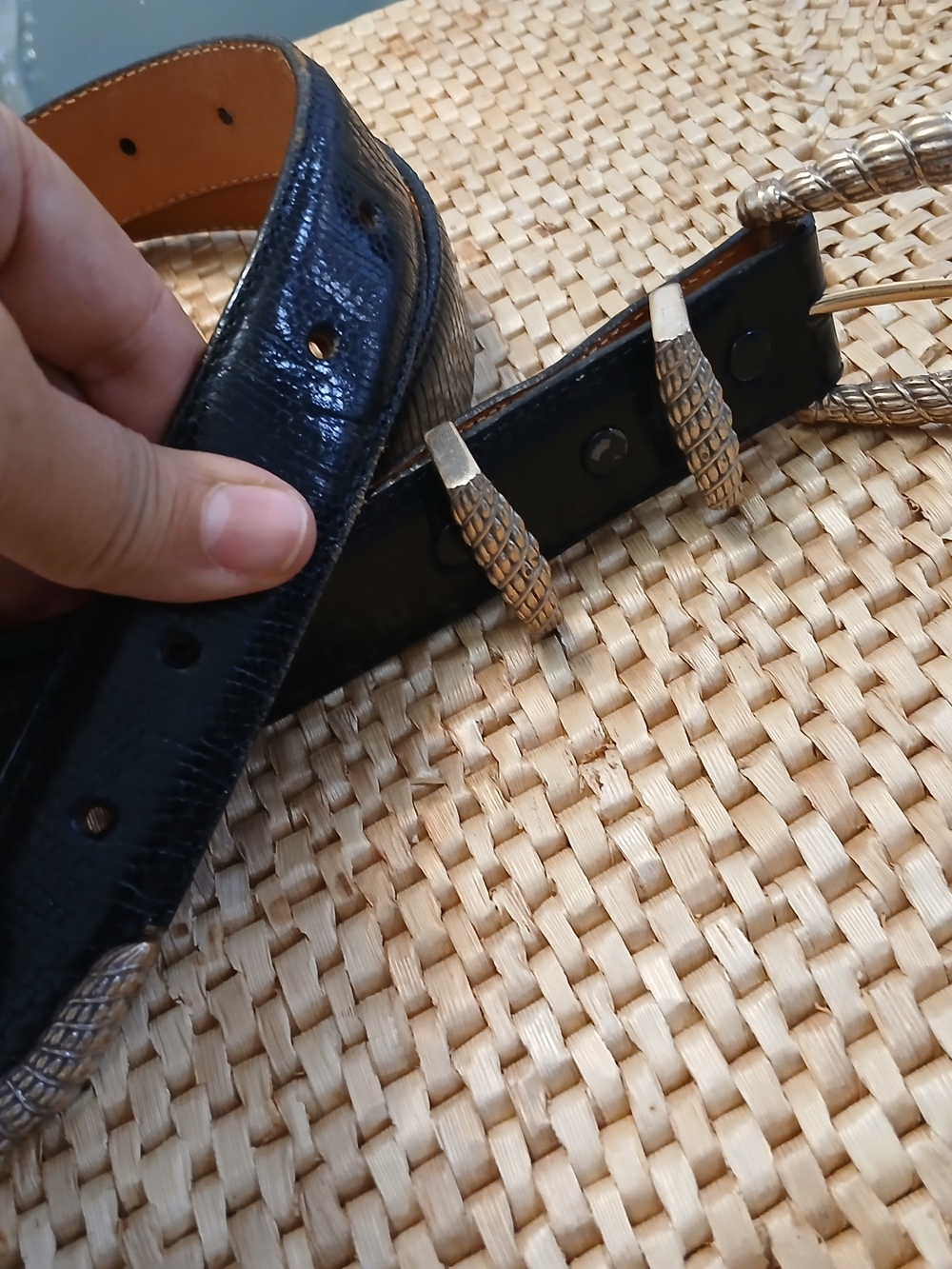 Onyx Black Leather Belt with Textured Gold-Tone Buckle Accents